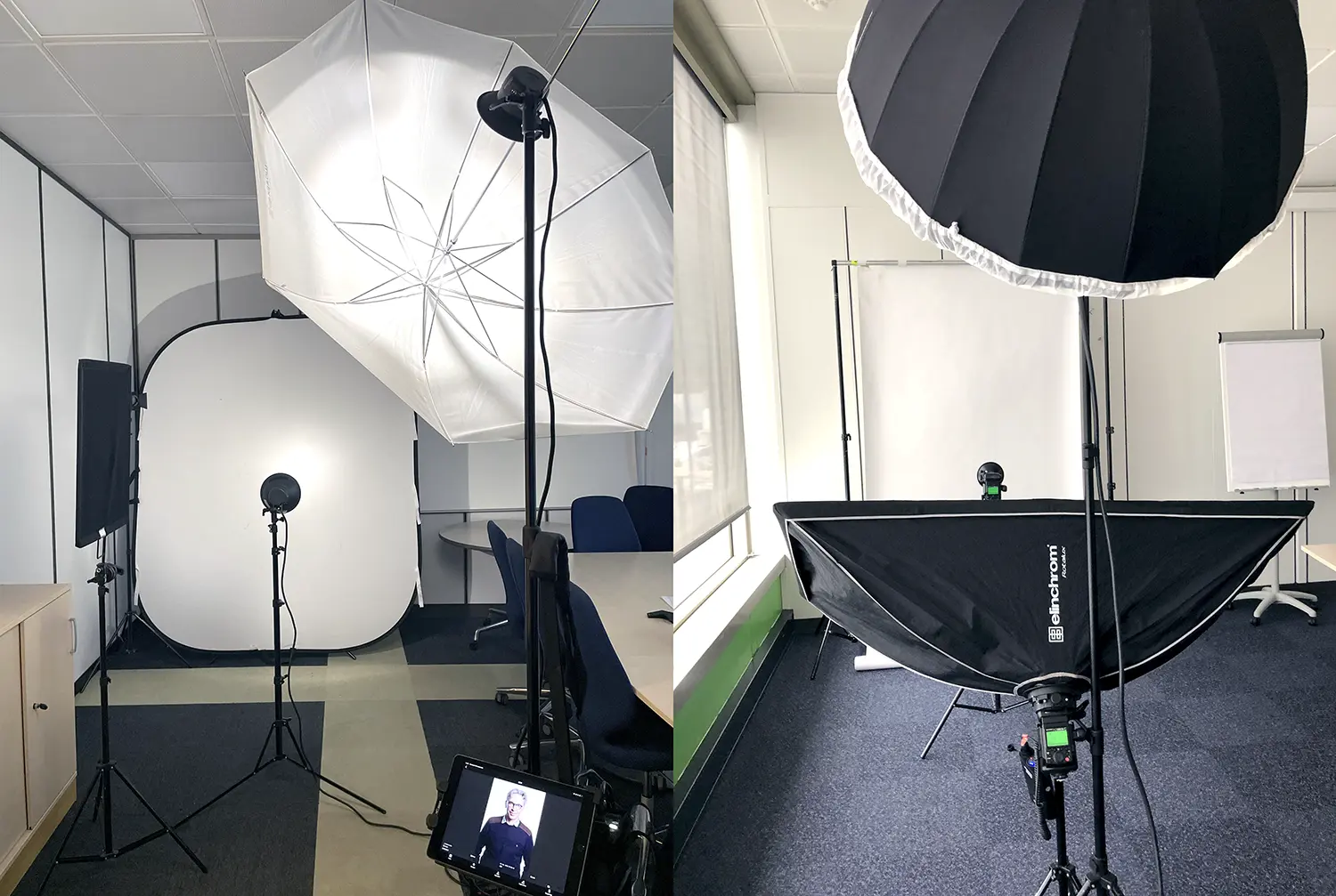 studio photo mobile install&eacute; en entreprise pour des portraits professionnels connect&eacute;s sur tablette